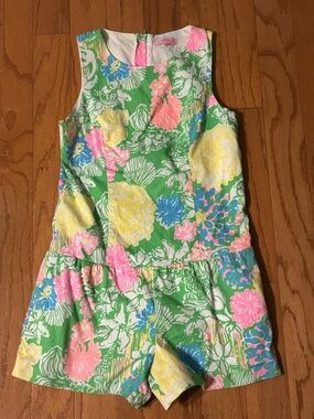 Lilly Pulitzer Green Floral Sleeveless Romper with Pink, Yellow & Blue Blooms